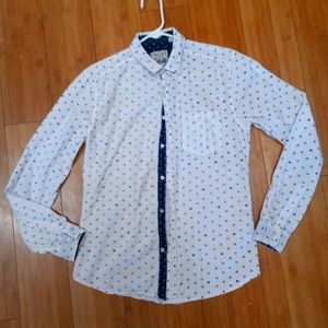 Swiss Cross, white and navy blue button up  long sleeve shirt.  Sm